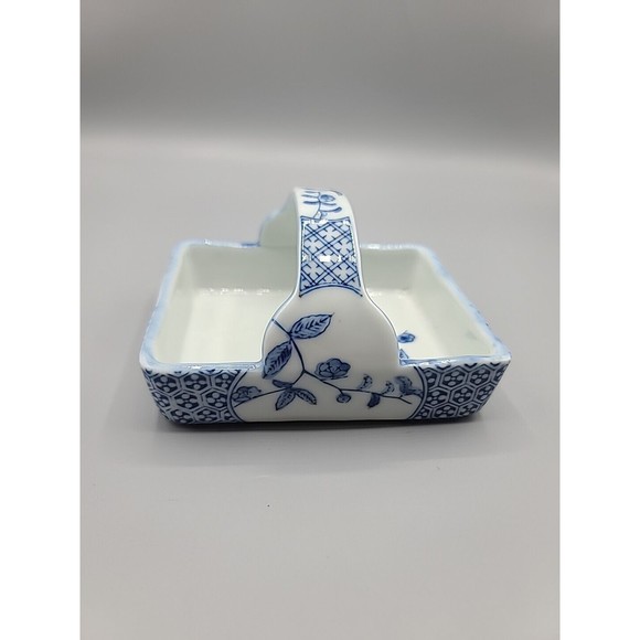 Fitz & Floyd Japan Square Trinket Basket Blue and White With Flowers Handle - Picture 2 of 13